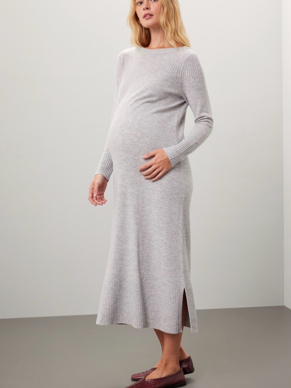 Hatch Light Gray Ribbed Hem Crewneck Sweater Dress 100% wool xxs